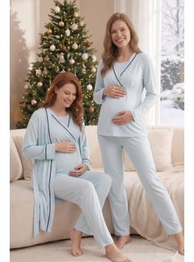 Biyeli 547 Gizli Emzirme Özellikli Biye Sabahlıklı Kruvaze Lohusa Pijama Takımı
